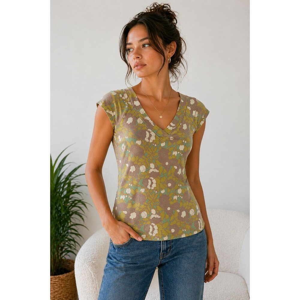 Vintage Y2K GAP Floral Tee Cotton Top Boho Earthy Cap Sleeve 90s Sz L